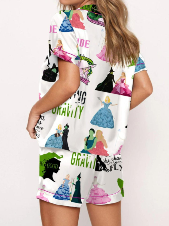 2PCS 1940s Witch Cartoon Print Button Pajama Set - vintage fashion, retro style