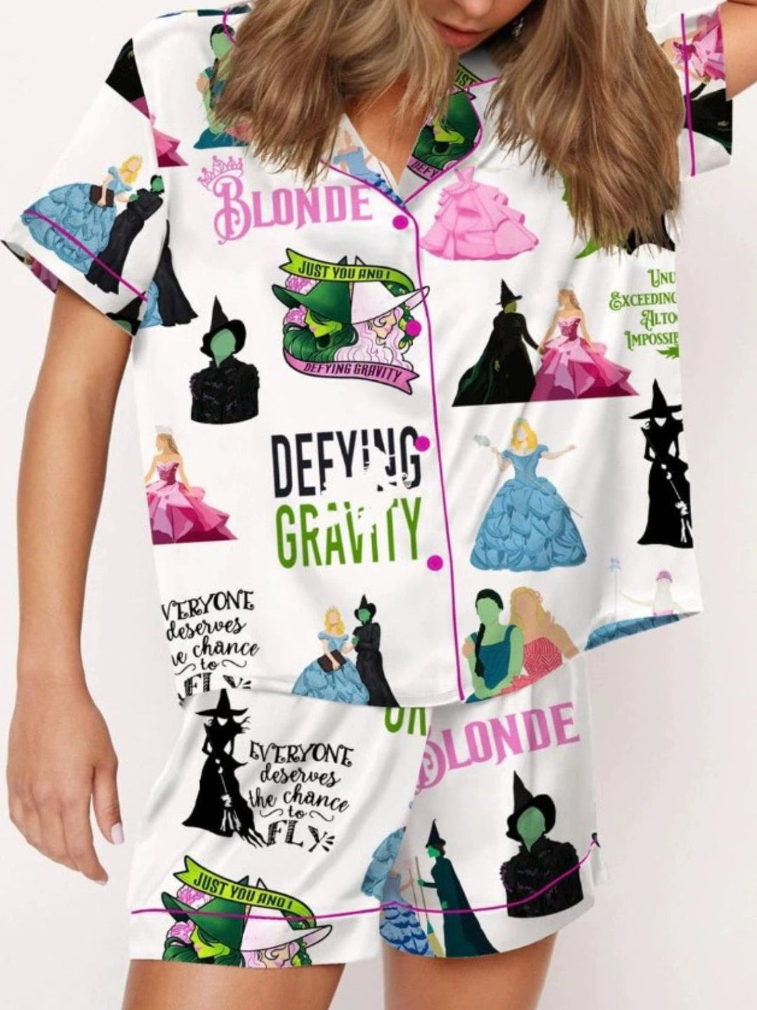 2PCS Witch Cartoon Print Button Pajama Set - vintage fashion, retro style