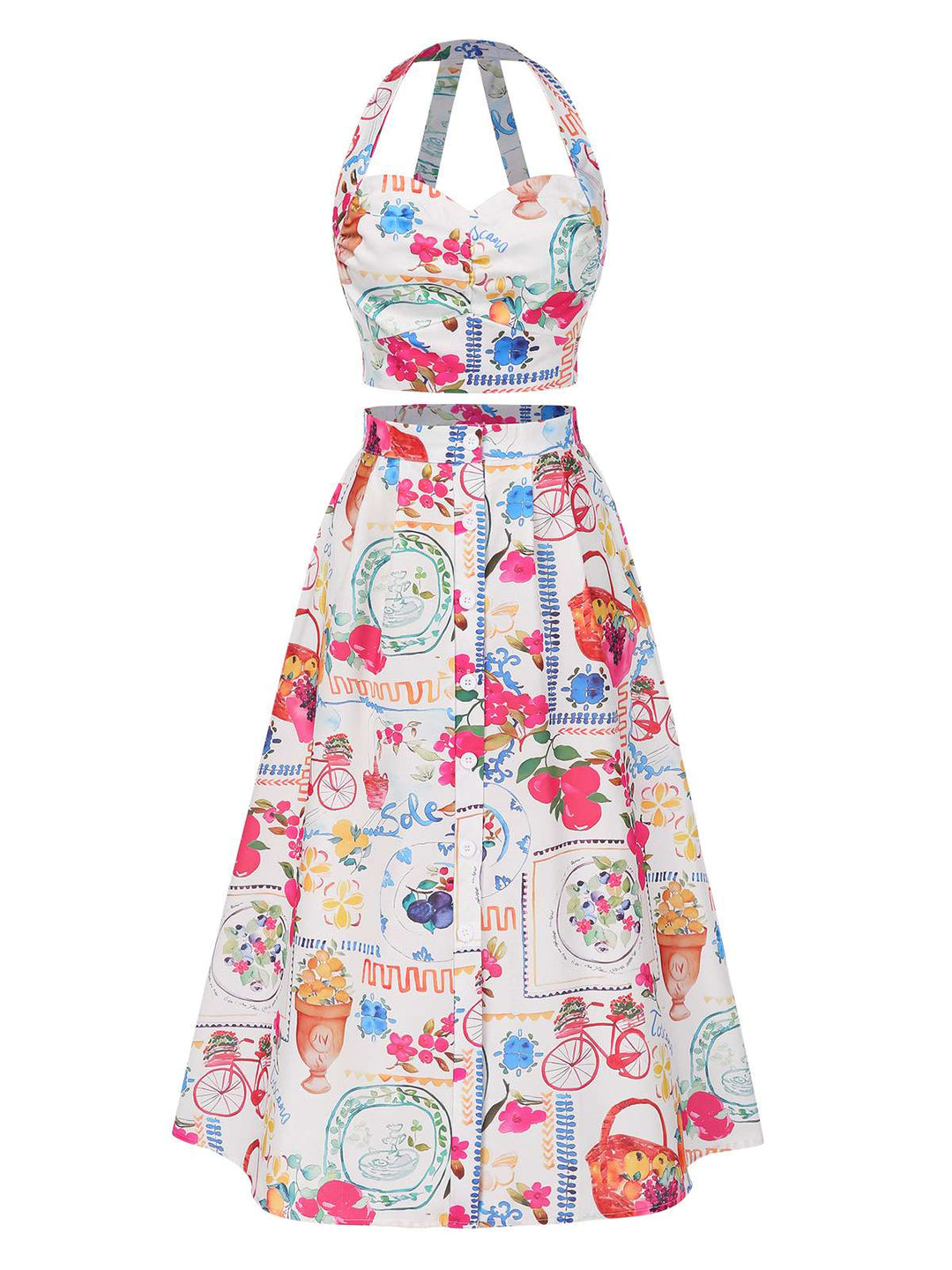 2PCS 1950s All-Over Stamps Crop Top &amp; Skirt, vintage skirt, retro style - perfect for women who love vintage and retro fashion