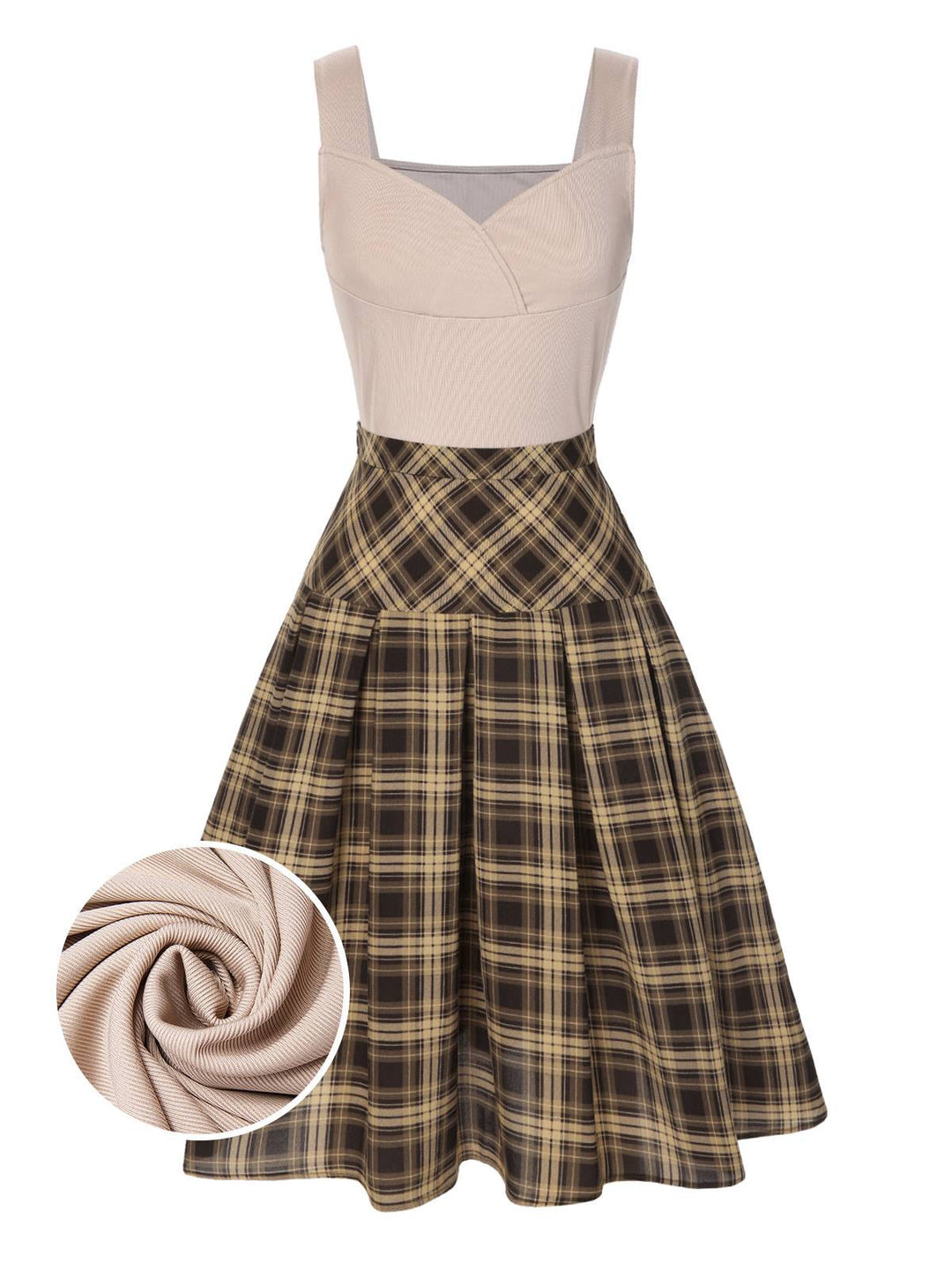 She pairs this 2PCS 1950s Beige Knitted Top &amp; Plaid Pleated Skirt with confidence and 1950s charm