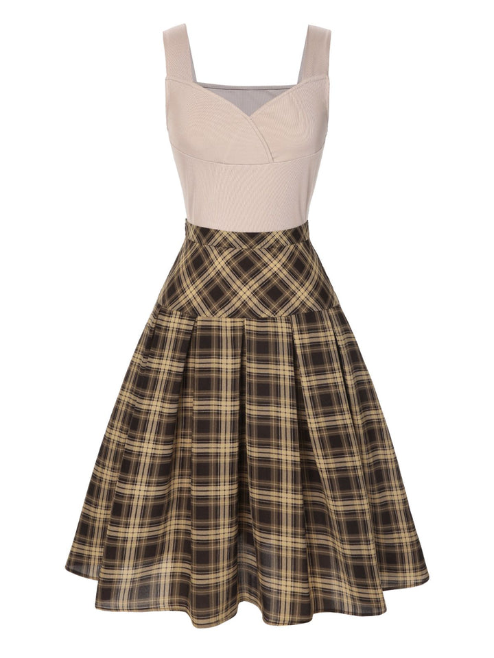 2PCS 1950s Beige Knitted Top &amp; Plaid Pleated Skirt: a 1950s classic that whispers rather than shouts