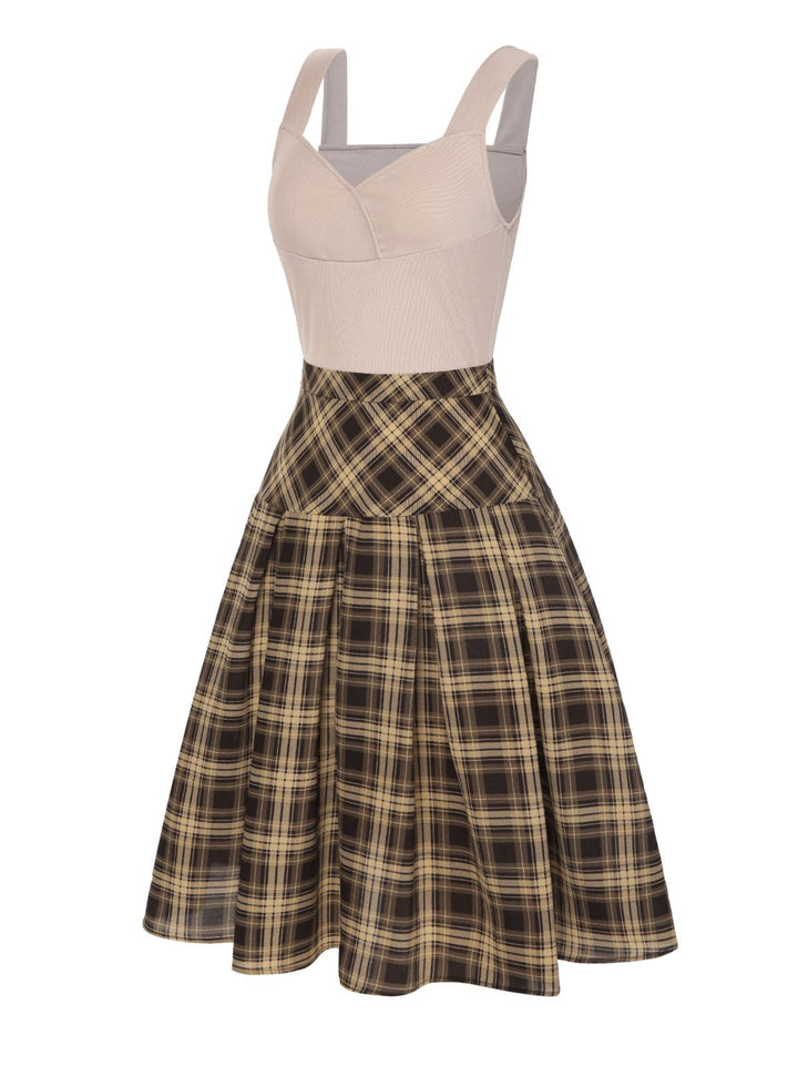 This 2PCS 1950s Beige Knitted Top &amp; Plaid Pleated Skirt brings 1950s soul to her everyday