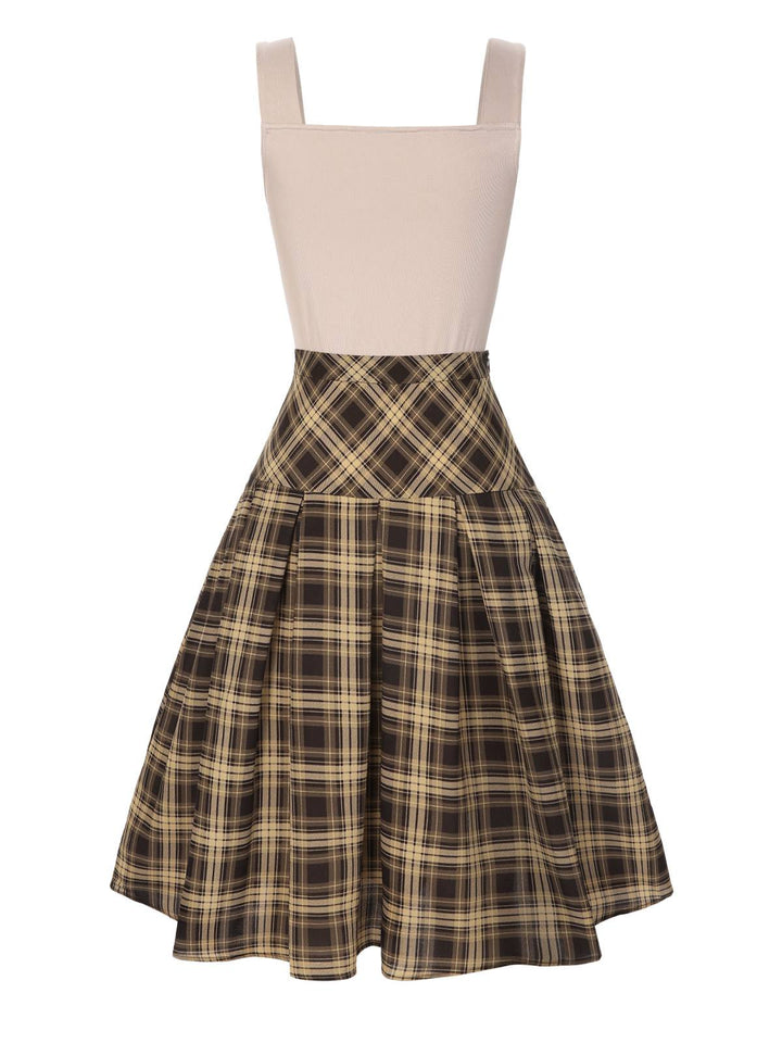 2PCS 1950s Beige Knitted Top &amp; Plaid Pleated Skirt — 1950s elegance she can wear anywhere