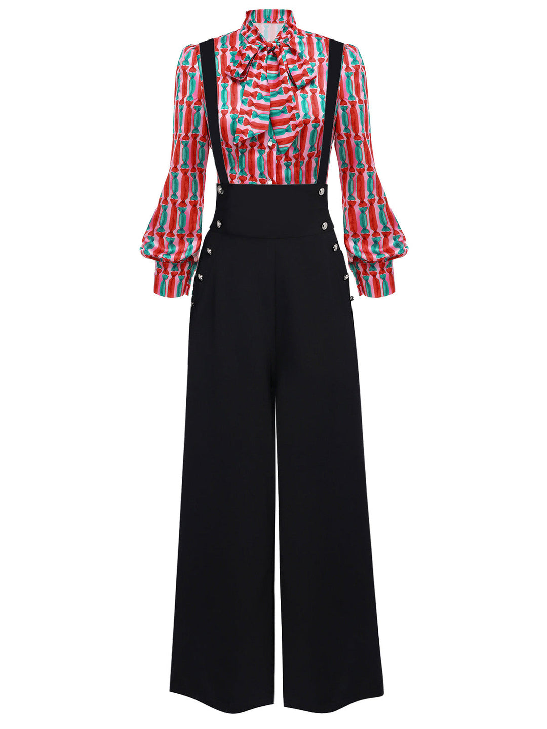 2PCS 1950s Candy Tie-Up Blouse &amp; Black Suspender Pants: timeless style reimagined