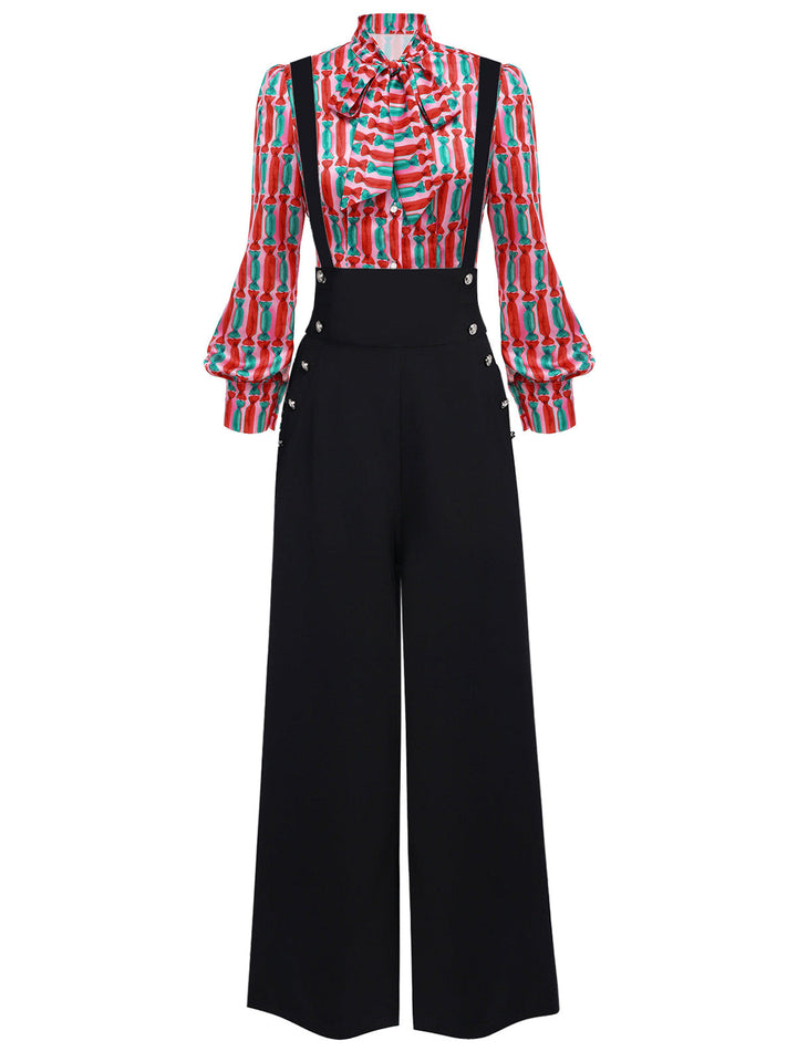 2PCS 1950s Candy Tie-Up Blouse &amp; Black Suspender Pants: timeless style reimagined