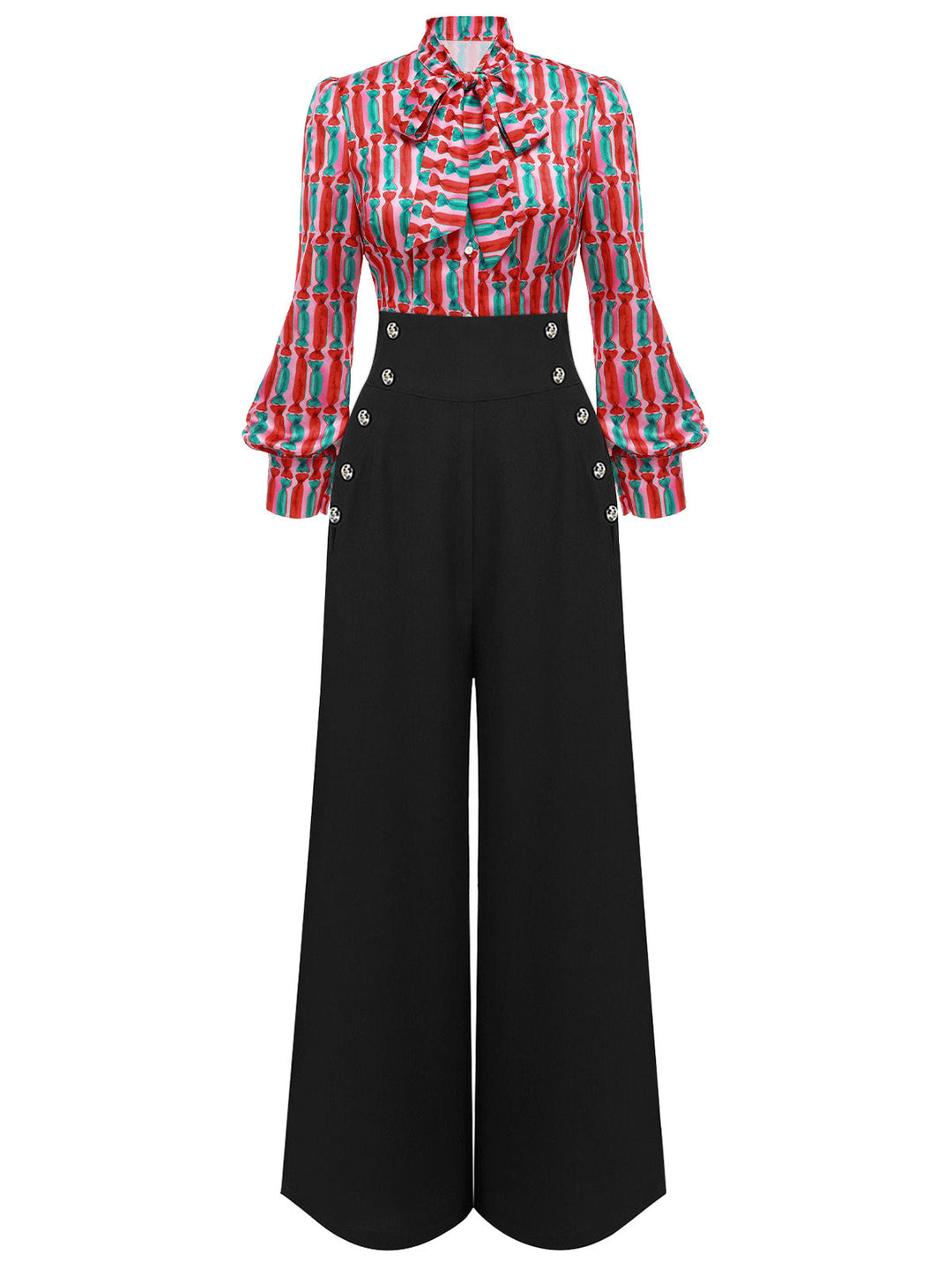 2PCS 1950s Candy Tie-Up Blouse &amp; Black Suspender Pants — vintage elegance for the modern woman