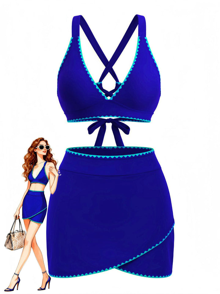 2PCS Blue Contrast Trim Cross-Back Bikini Set &amp; Cover-Up - vintage swimsuit, swimwear for vintage lovers