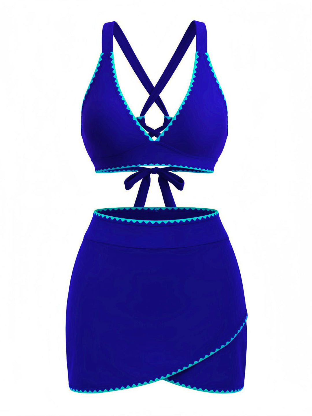 2PCS Blue Contrast Trim Cross-Back Bikini Set &amp; Cover-Up - vintage swimsuit, swimwear for vintage lovers