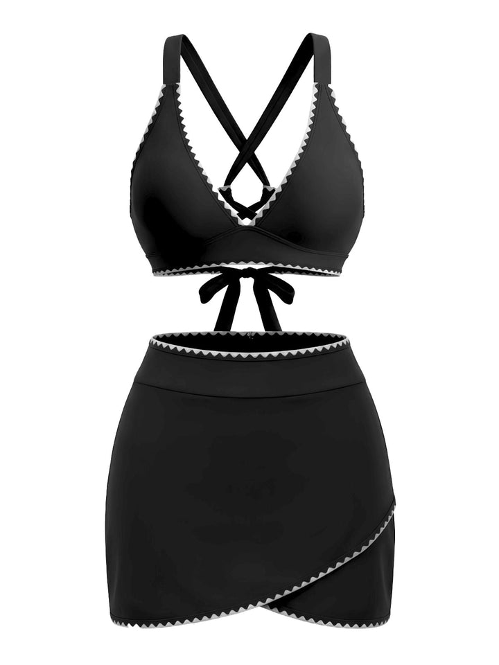 2PCS Blue Contrast Trim Cross-Back Bikini Set &amp; Cover-Up - vintage swimsuit, swimwear for vintage lovers