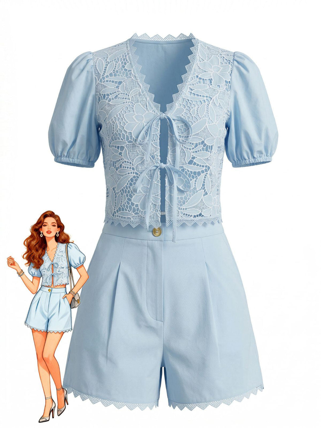 2PCS 1950s Cotton Lace Puff Sleeve Tie-Front Top &amp; Shorts, vintage top, retro blouse - perfect for women who love vintage and retro fashion