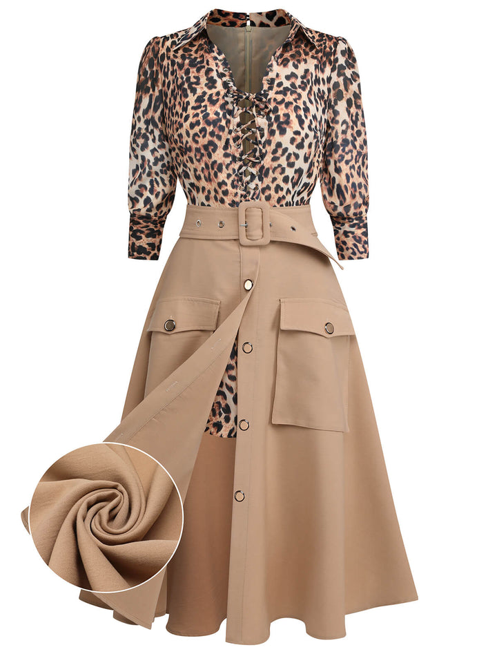 2PCS 1950s Leopard Lapel Romper &amp; Khaki Skirt: timeless style reimagined
