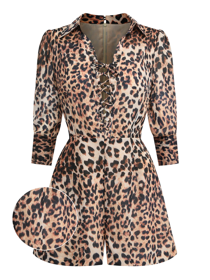 2PCS 1950s Leopard Lapel Romper &amp; Khaki Skirt — vintage elegance for the modern woman