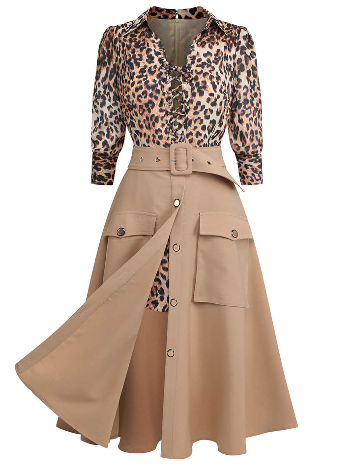 2PCS 1950s Leopard Lapel Romper &amp; Khaki Skirt: timeless style reimagined