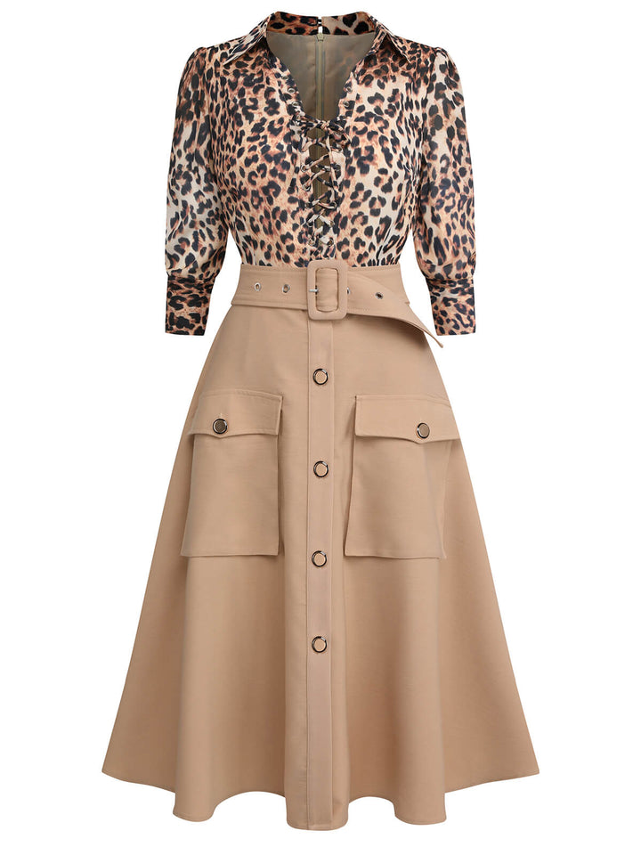 2PCS 1950s Leopard Lapel Romper &amp; Khaki Skirt — vintage elegance for the modern woman