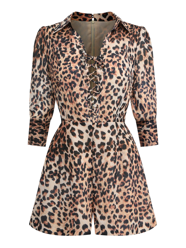 2PCS 1950s Leopard Lapel Romper &amp; Khaki Skirt: timeless style reimagined