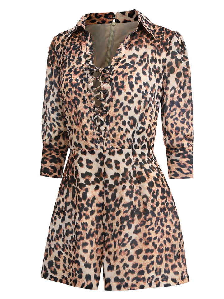 2PCS 1950s Leopard Lapel Romper &amp; Khaki Skirt — vintage elegance for the modern woman