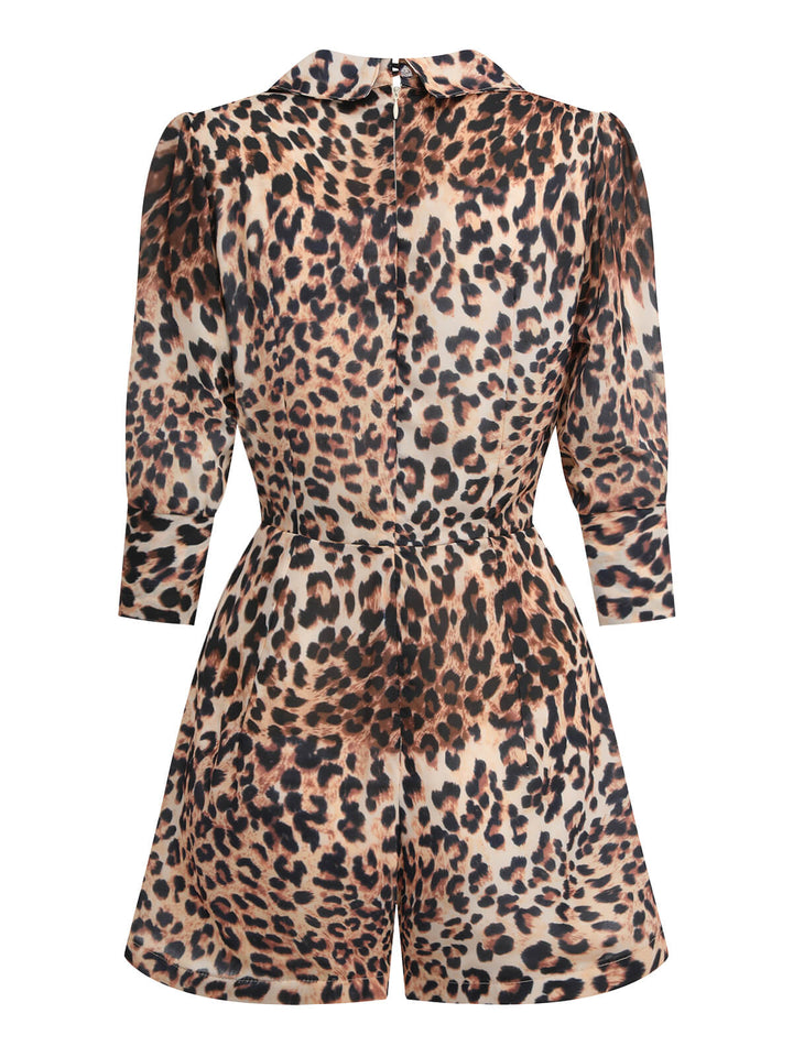 2PCS 1950s Leopard Lapel Romper &amp; Khaki Skirt: timeless style reimagined