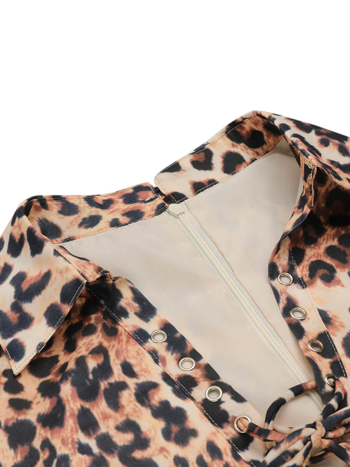 2PCS 1950s Leopard Lapel Romper &amp; Khaki Skirt — vintage elegance for the modern woman