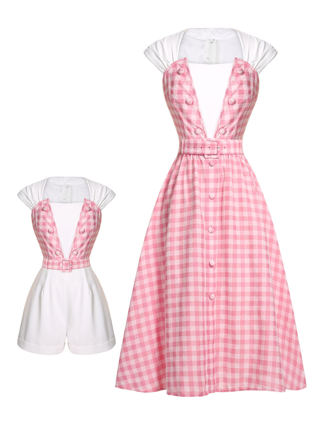 2PCS 1950s Pink Plaid Skirt &amp; Romper With Belt - vintage skirt, style