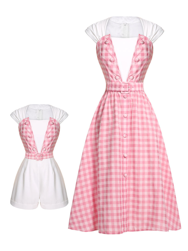 2PCS 1950s Pink Plaid Skirt &amp; Romper With Belt - vintage skirt, style