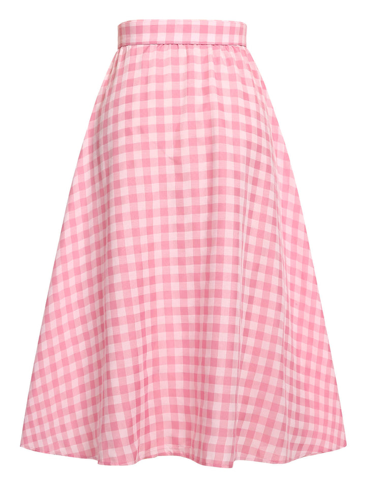 2PCS 1950s Pink Plaid Skirt &amp; Romper With Belt - vintage skirt, style