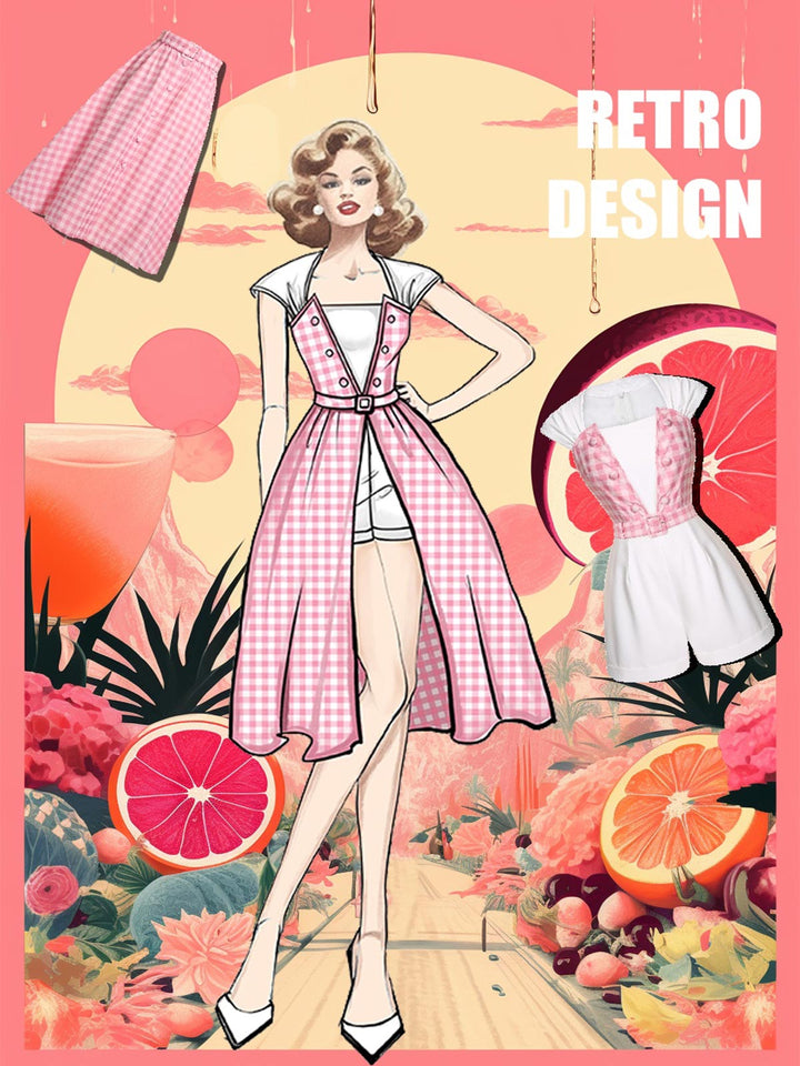 2PCS 1950s Pink Plaid Skirt &amp; Romper With Belt - vintage skirt, style