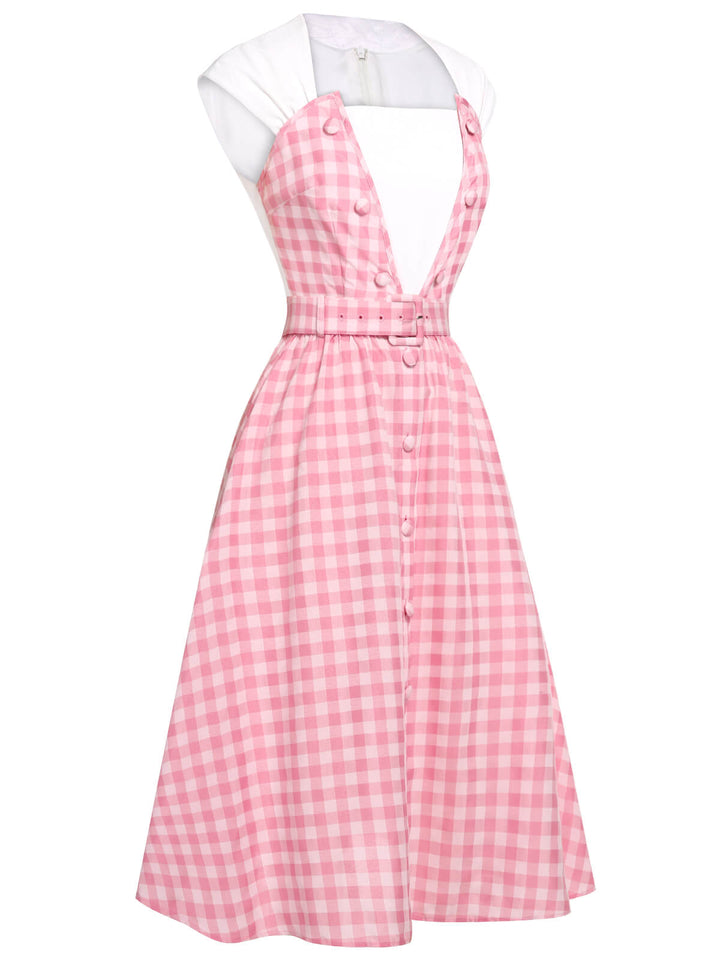 2PCS 1950s Pink Plaid Skirt &amp; Romper With Belt - vintage skirt, style