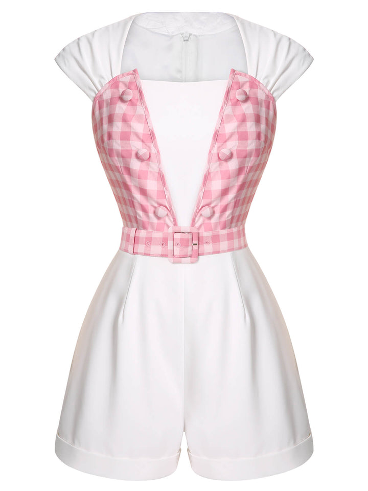2PCS 1950s Pink Plaid Skirt &amp; Romper With Belt - vintage skirt, style