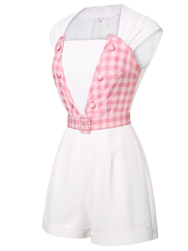 2PCS 1950s Pink Plaid Skirt &amp; Romper With Belt - vintage skirt, style