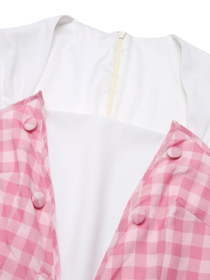 2PCS 1950s Pink Plaid Skirt &amp; Romper With Belt - vintage skirt, style