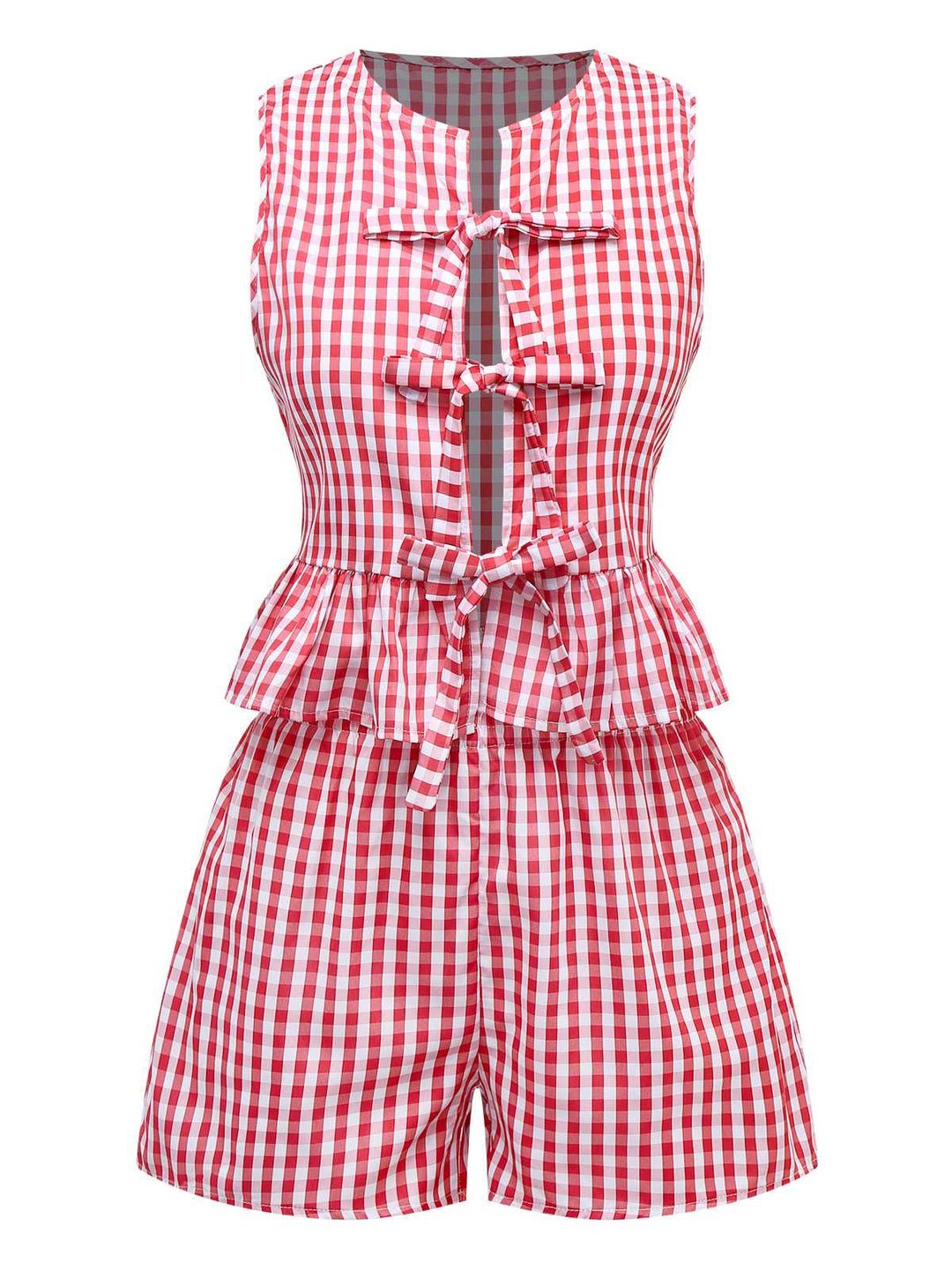 2PCS 1950s Plaid Ruffled Bow Vest &amp; Shorts - vintage fashion, retro style