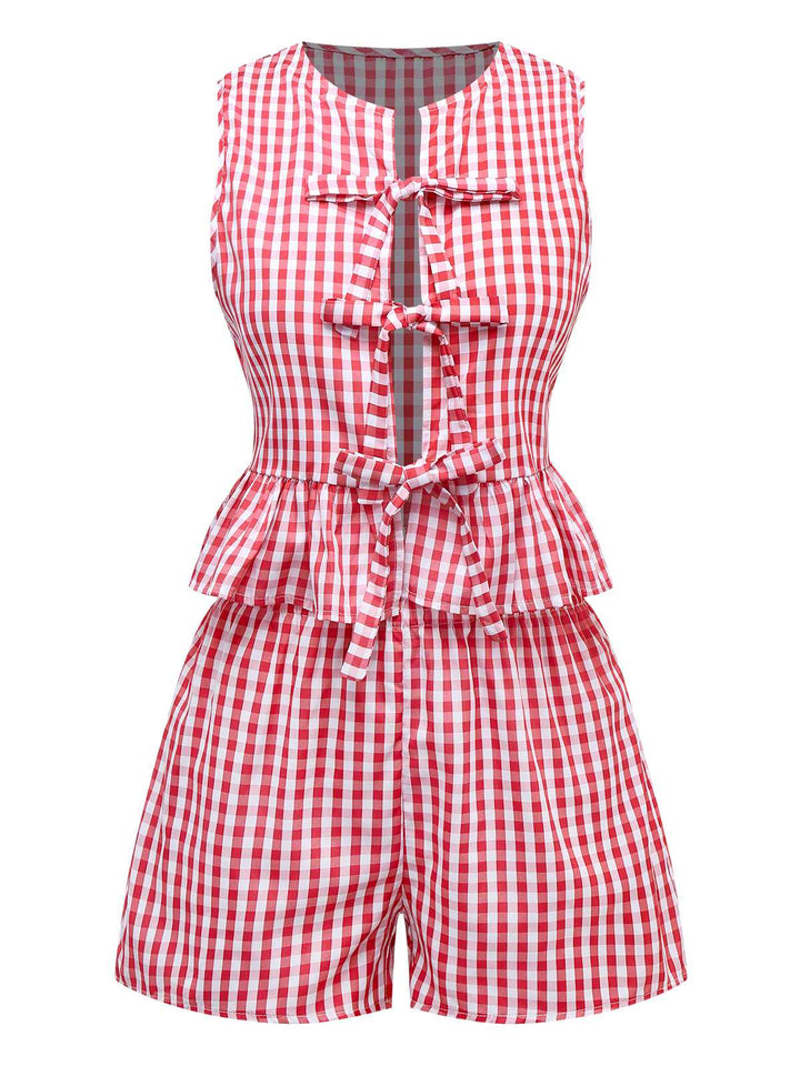 2PCS 1950s Plaid Ruffled Bow Vest &amp; Shorts - vintage fashion, retro style