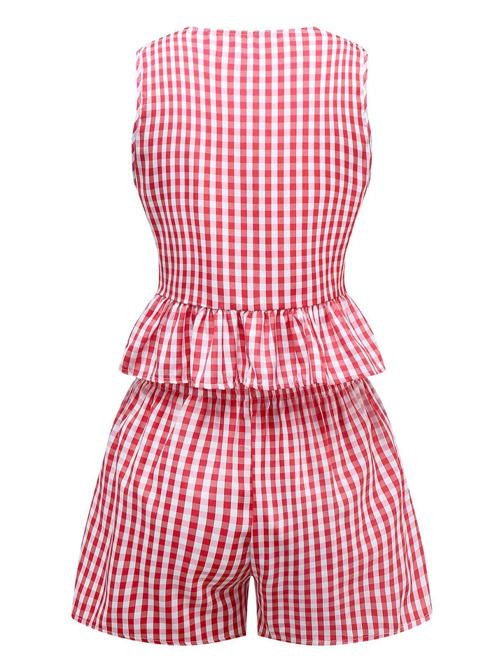 2PCS 1950s Plaid Ruffled Bow Vest &amp; Shorts - vintage fashion, retro style
