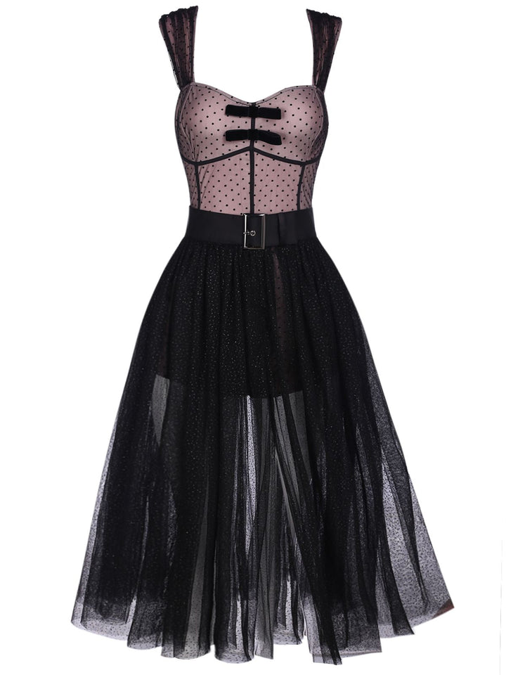 2PCS 1950s Polka Dot Bowknot Lace Strap Dress, classic vintage style elegant retro fashion - Image 2