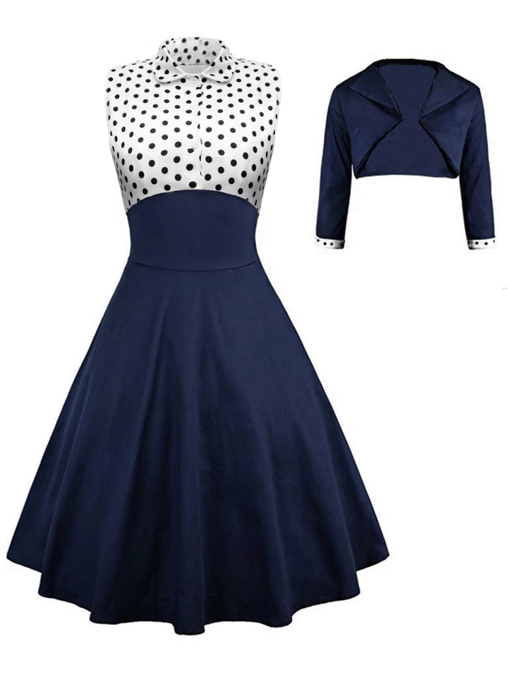 2PCS Navy 1950s Polka Dot Swing Dress, classic 1950s style elegant fashion - Image 1