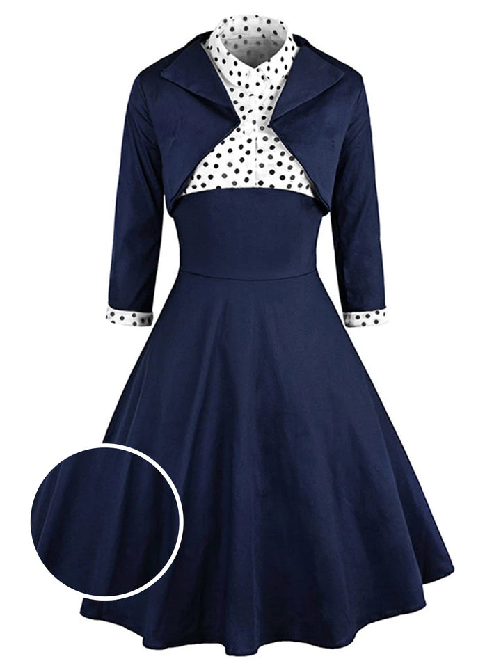 2PCS Navy 1950s Polka Dot Swing Dress, classic 1950s style elegant fashion - Image 2