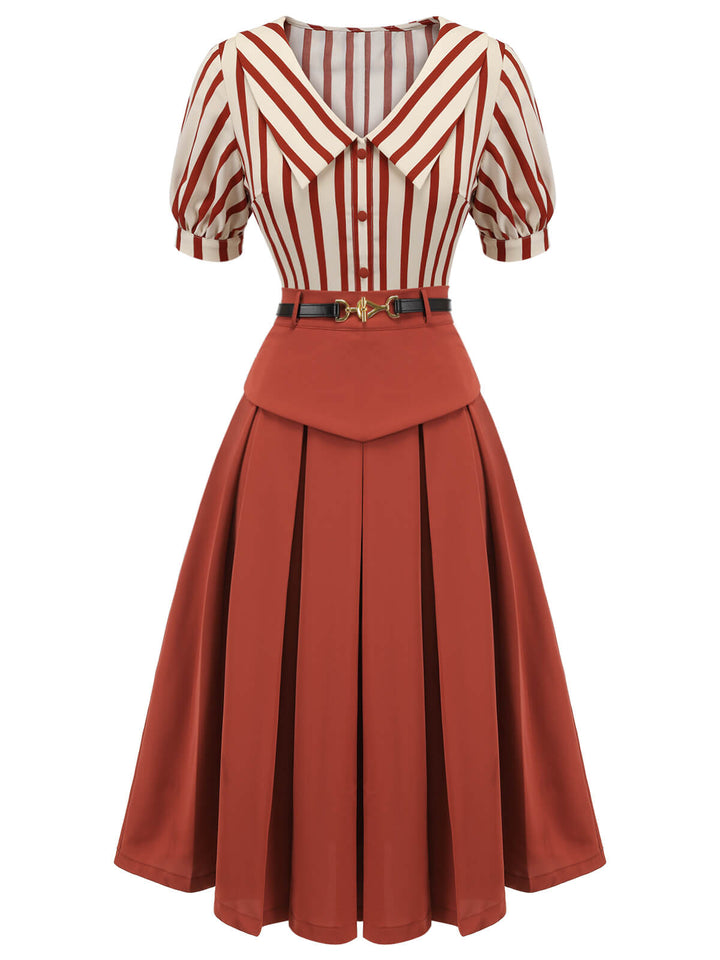 2PCS 1950s Striped Blouse &amp; Pleated Skirt — vintage elegance for the modern woman