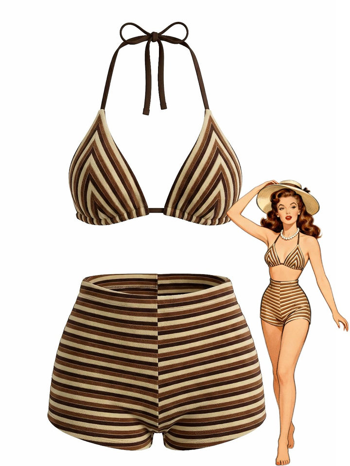2PCS 1950s Striped Terry Halter Bikini &amp; Shorts - vintage swimwear, retro beach style for women