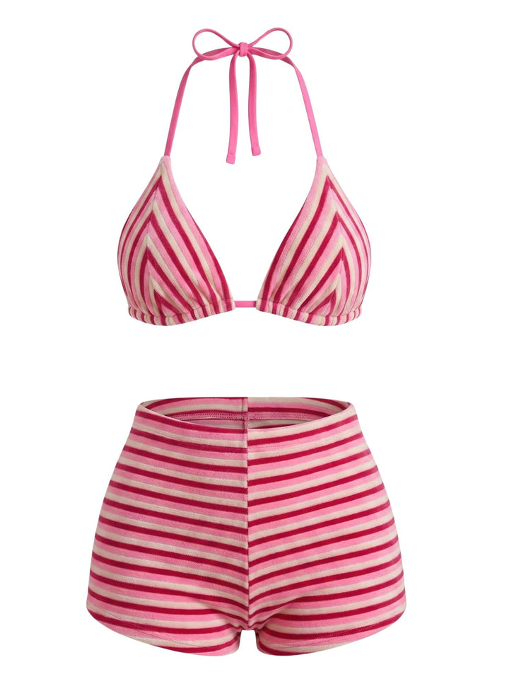 2PCS 1950s Striped Terry Halter Bikini &amp; Shorts - vintage swimwear, retro beach style for women