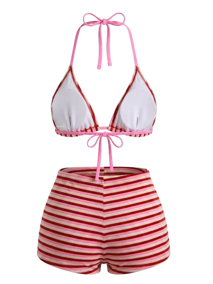 2PCS 1950s Striped Terry Halter Bikini &amp; Shorts - vintage swimwear, retro beach style for women