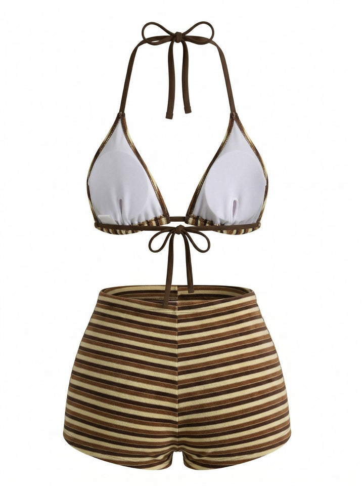 2PCS 1950s Striped Terry Halter Bikini &amp; Shorts - vintage swimwear, retro beach style for women