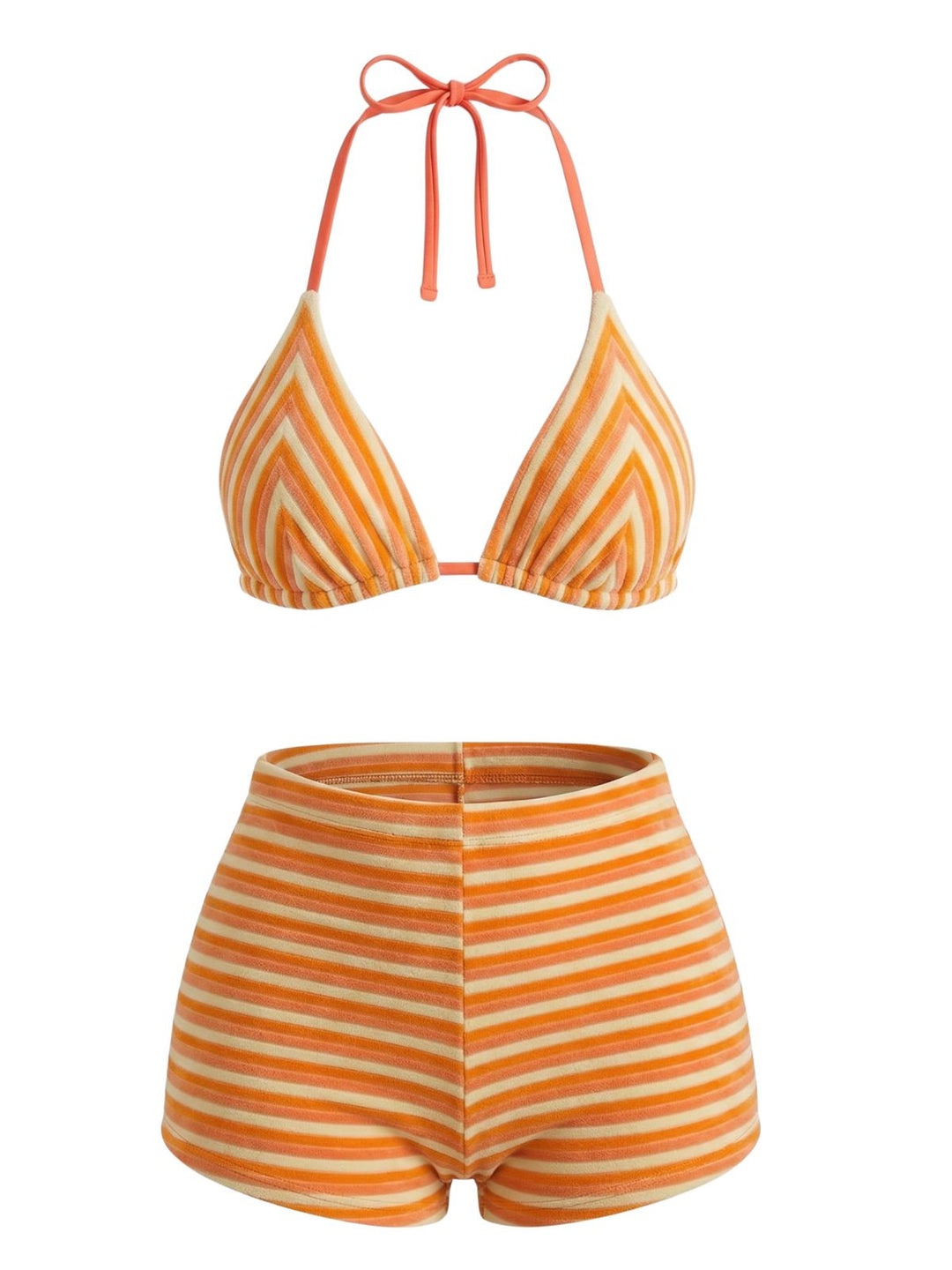 2PCS 1950s Striped Terry Halter Bikini &amp; Shorts - vintage swimwear, retro beach style for women