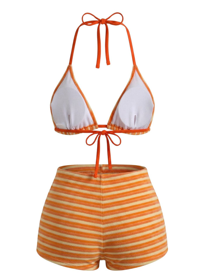 2PCS 1950s Striped Terry Halter Bikini &amp; Shorts - vintage swimwear, retro beach style for women