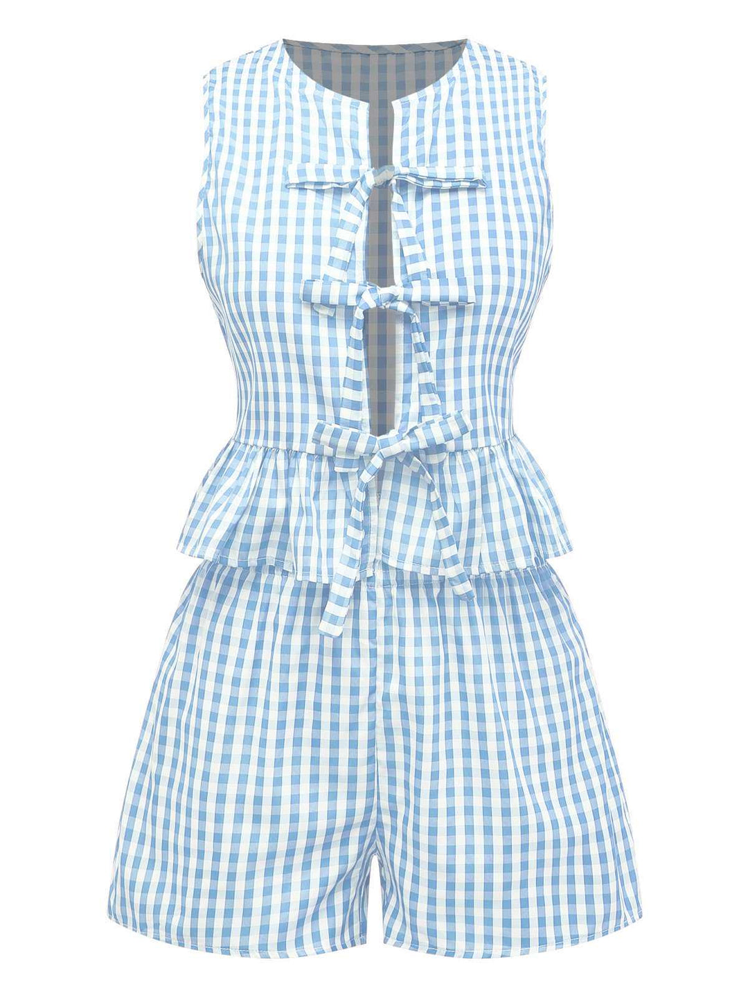 2PCS 1950s Plaid Ruffled Bow Vest &amp; Shorts, vintage fashion, retro style - perfect for women who love vintage and retro fashion