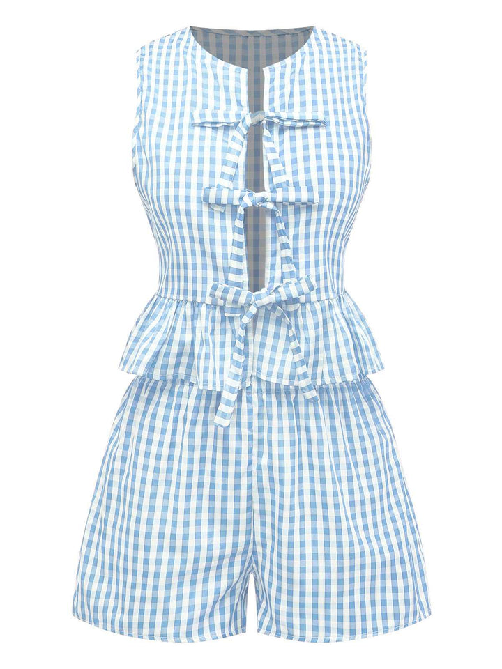 2PCS 1950s Plaid Ruffled Bow Vest &amp; Shorts, vintage fashion, retro style - perfect for women who love vintage and retro fashion