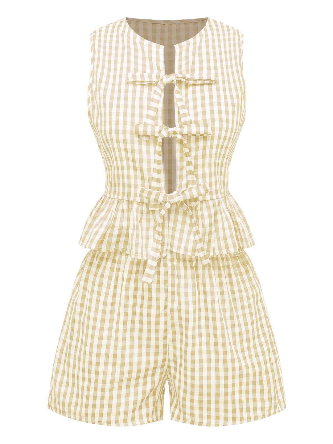 2PCS 1950s Plaid Ruffled Bow Vest &amp; Shorts, vintage fashion, retro style - perfect for women who love vintage and retro fashion