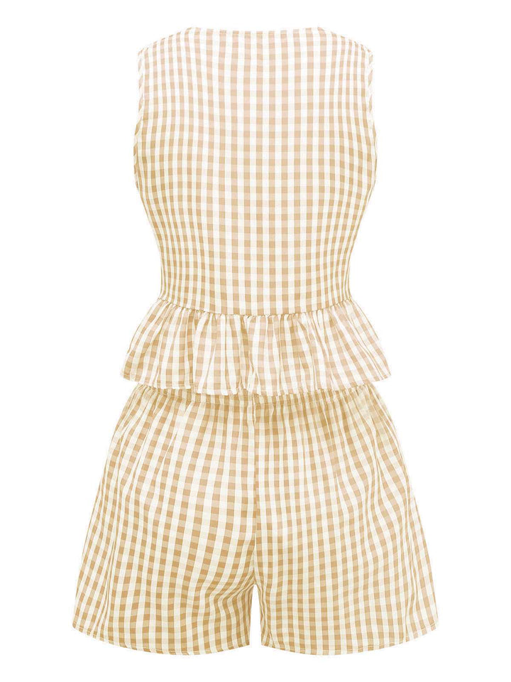 2PCS 1950s Plaid Ruffled Bow Vest &amp; Shorts, vintage fashion, retro style - perfect for women who love vintage and retro fashion