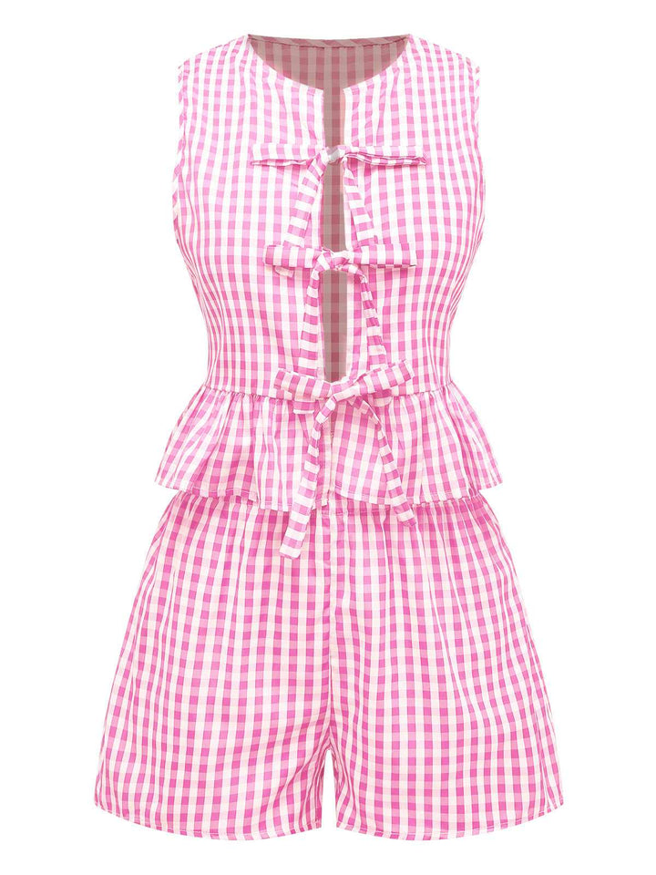 2PCS 1950s Plaid Ruffled Bow Vest &amp; Shorts, vintage fashion, retro style - perfect for women who love vintage and retro fashion