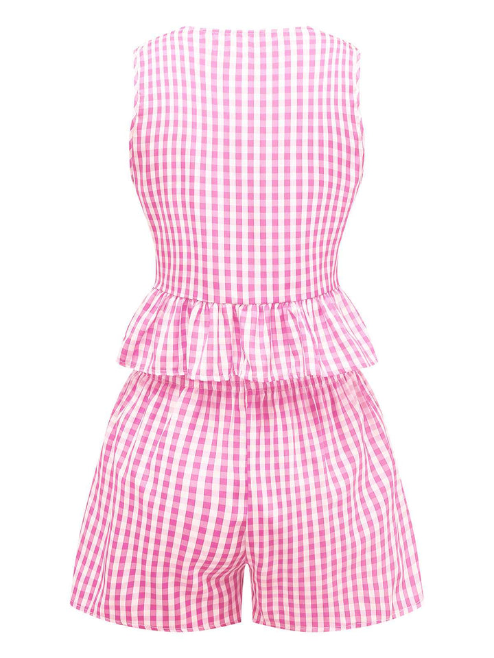 2PCS 1950s Plaid Ruffled Bow Vest &amp; Shorts, vintage fashion, retro style - perfect for women who love vintage and retro fashion