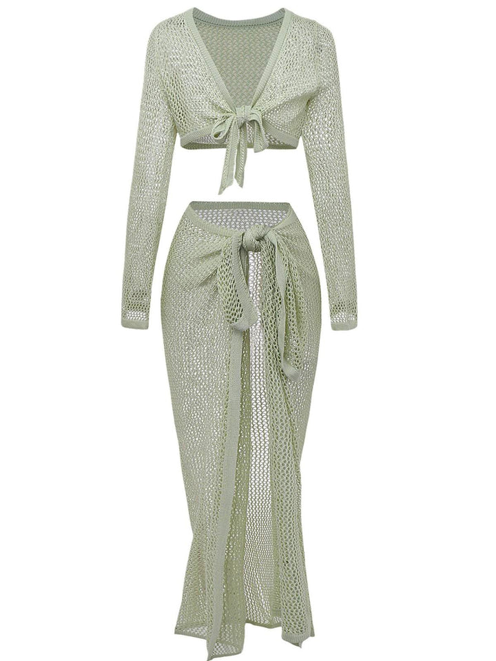 2PCS 1960s Crochet Long Sleeve Beach Cover-Up Set - vintage fashion, retro style